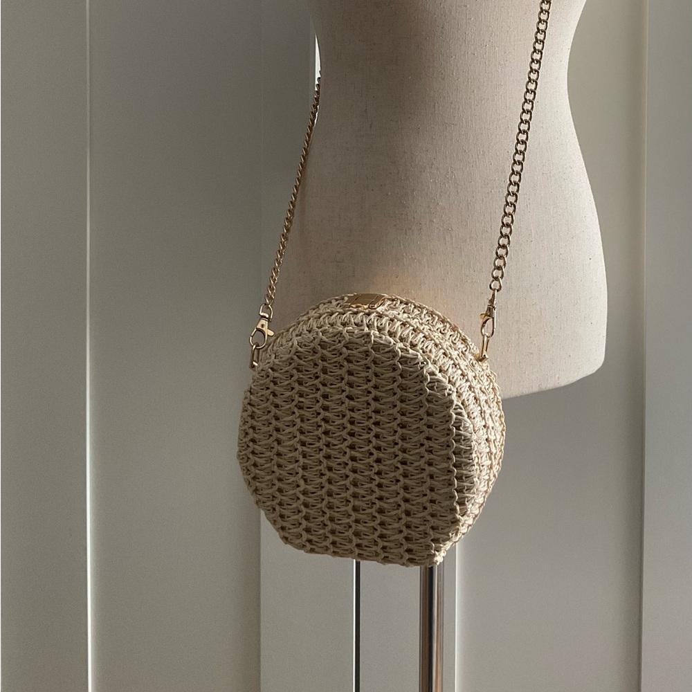 Haute Hippie Woven Raffia/Straw Crossbody Bag Gold Chain Strap